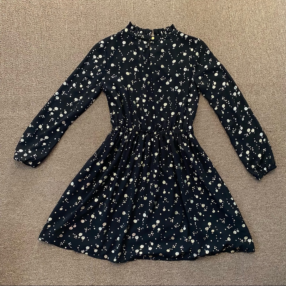 New Year’s Eve Dress |Gold & Black Floral Mini Dress with Ruffle Details